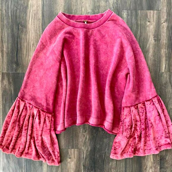 Free People Pullover Sweater Pink Velvet Bell Sleeve Oversize Medium Thick Shirt - Picture 1 of 8